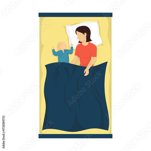 Mother sleeping in bed with her baby, top view of family resting together comfortably