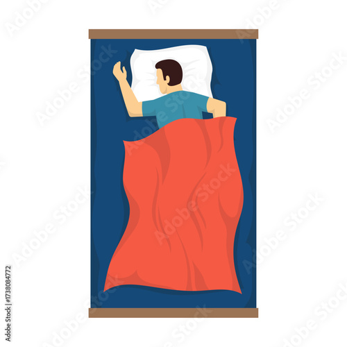 Overhead view of a person sleeping peacefully under a red blanket in a comfortable bed