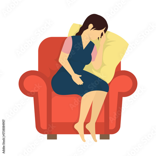 Feeling unwell and tired, a woman rests on a red armchair with a pillow supporting her head