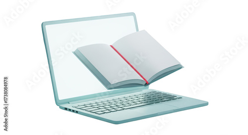 Open book emerging from laptop screen isolated on a transparent background computer