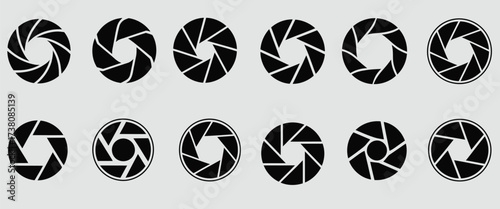 Camera Lens Diaphragm Icon Set,  Vector Illustration of Photography Shutter Symbols, Aperture Mechanism, Optical Equipment, Photo Studio Elements, Professional Camera Icons, and Digital Photography De