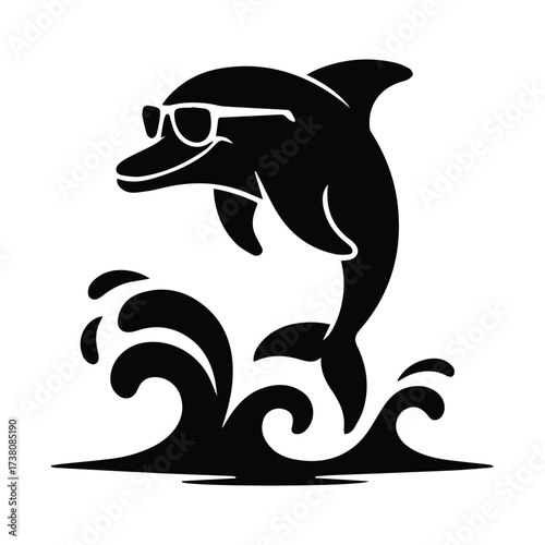Playful dolphin leaping through ocean waves wearing cool sunglasses enjoying summer fun silhouette