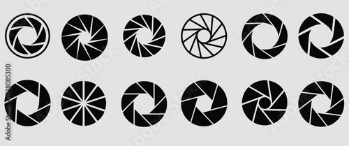 Vector icon set of camera lens apertures and shutter blades. A diverse collection of circular diaphragm graphics for photography, video, and design concepts