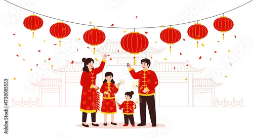 Family celebrating Chinese New Year with lanterns and sparklers in traditional attire full of joy