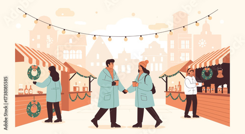 Festive Christmas Market Scene with Couple Enjoying the Holiday Spirit together illustration