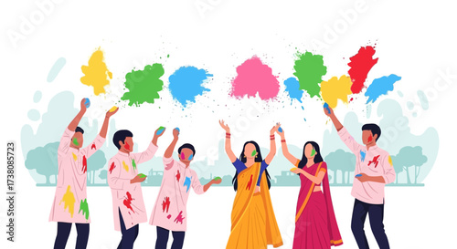 Joyful Holi Celebration: Group of Young People Celebrating with Colors and Happiness