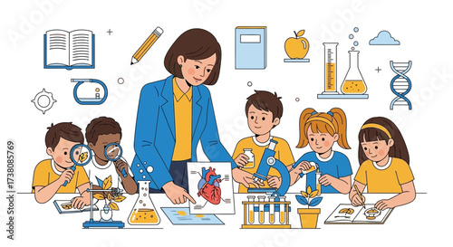 Science classroom illustration with teacher instructing students on experiments and biology lessons
