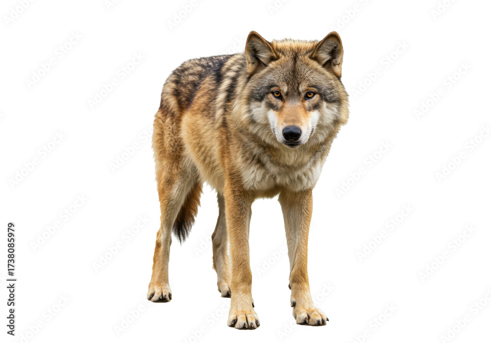 Fototapeta premium Isolated Wolf with fur standing, Canis lupus, gray with tan, brown fur looking at the camera
