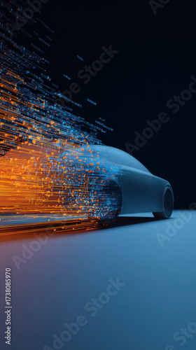 Futuristic Autonomous Car Driving Through a High-Tech Digital City at Night