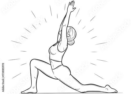 Woman in Low Lunge pose, Anjaneyasana. A yoga hip flexor stretch and heart opener, part of Sun Salutation. Line art illustration for fitness and wellness.

