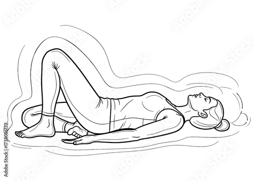 Woman in Supported Reclining Bound Angle Pose, Supta Baddha Konasana. A restorative yoga hip opener for deep relaxation. Line art for self-care and wellness.

