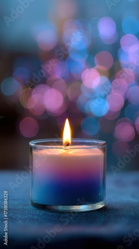 Trans Day of Remembrance candle with soft blue/pink/purple bokeh accents, solemn minimalism, large copy space, respectful