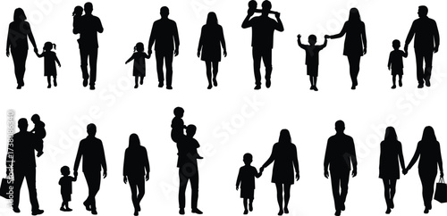 Silhouette vector illustration of family walking together with children, father mother kids lifestyle, parenting relationship, bonding design, modern people collection, love care concept