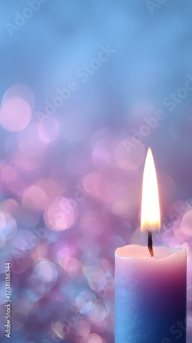 Trans Day of Remembrance candle with soft blue/pink/purple bokeh accents, solemn minimalism, large copy space, respectful 