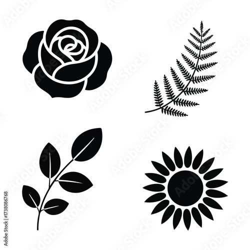 Collection of four black botanical silhouette icons including rose, fern, leaves, and sunflower, isolated on white background technology background