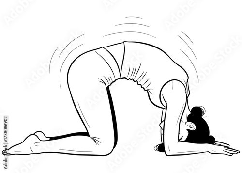 Woman practicing Cat Pose, Marjaryasana. A gentle yoga stretch for spine flexibility and back pain relief. Line art illustration for a warm-up exercise.

