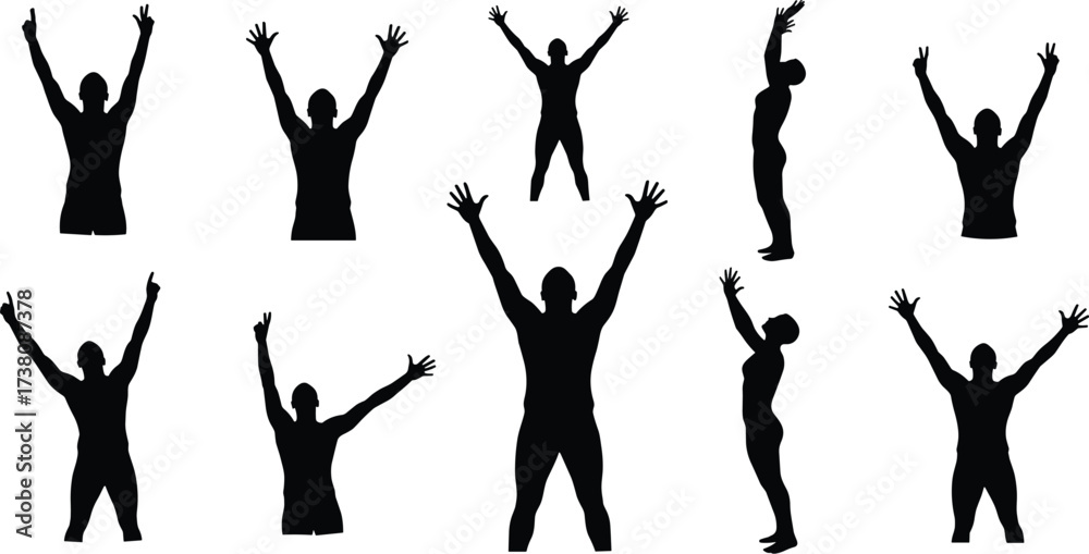 Fototapeta premium Silhouettes of people with raised arms in different victory poses, celebrating, exercising, cheering, fitness concept, isolated human figures, active lifestyle illustration