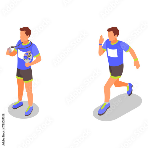 Two athletic men one with a stopwatch and bouquet, the other running in an isometric illustration