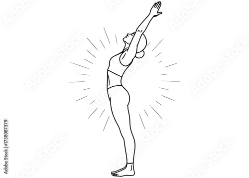 Woman in Upward Salute, Urdhva Hastasana. A standing backbend and key pose in Sun Salutation (Surya Namaskar). Line art for morning yoga and wellness.

