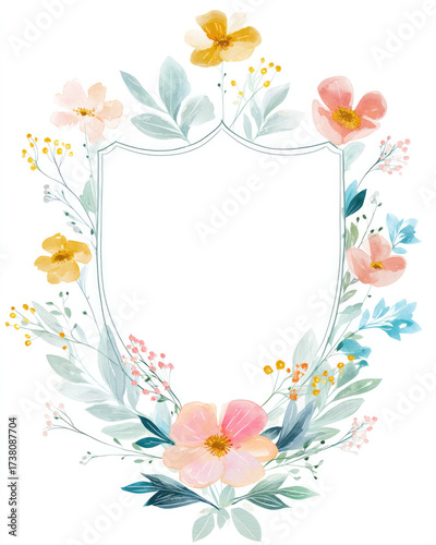 
A simple watercolor vector illustration of an elegant shield-shaped frame with delicate pastel flowers and greenery