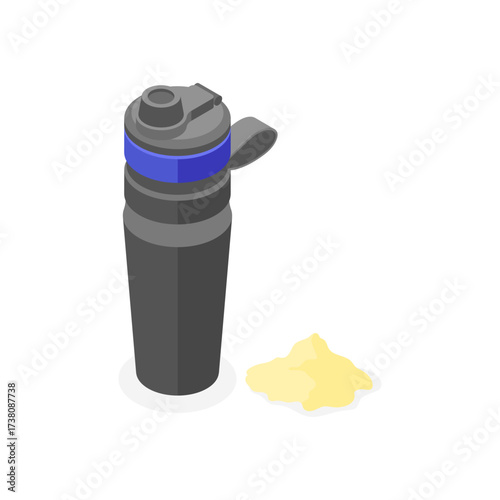 Isometric illustration of a sports shaker bottle with protein powder on white background