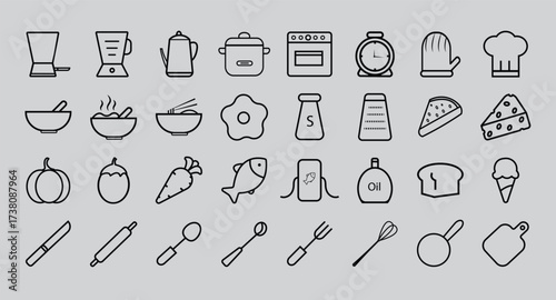 Cooking Icon Set Kitchen Tools Food Ingredients and Culinary Symbols