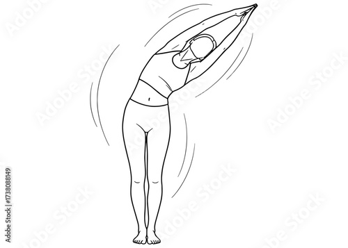 Abstract faceless figure in a Standing Side Bend pose. A yoga stretch for the side body and spine. Minimalist line art vector for flexibility and wellness.

