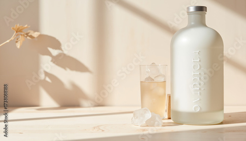 Glass of iced drink with modern bottle on wooden table in sunlight  