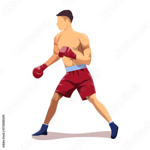 A male boxer in red shorts and gloves prepares for a fight in a graphic illustration style