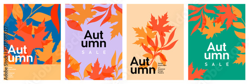 Modern autumn sale cover with colorful fall leaves and seasonal design background. Creative fall season promotional banner with vibrant foliage illustration. Poster for advertising and marketing.