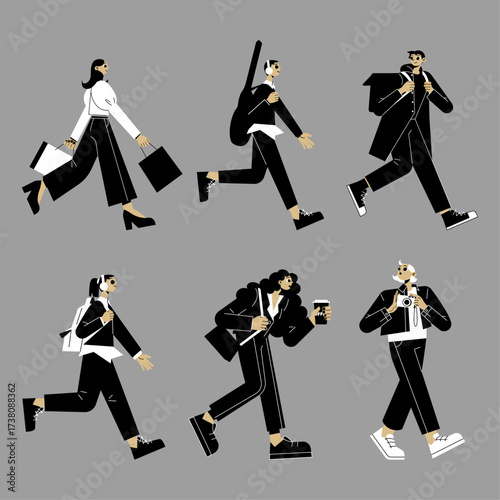 Diverse group of stylishly dressed individuals navigating urban life with bags and coffee cups