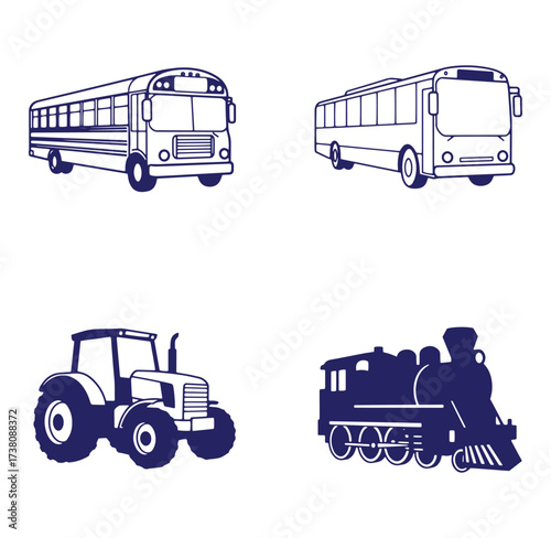 Vector illustration of transportation vehicles including buses tractor and steam engine