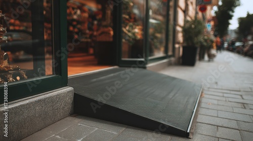 Medium shot of a storefront entrance highlighting a gently sloped ramp designed for wheelchair access with blurred background emphasizing smooth transition from sidewalk to door.