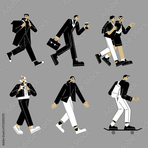 Set of diverse individuals in stylish casual and business attire, engaged in various daily activities