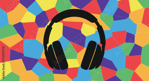 A striking silhouette of headphones on a colorful, abstract background, perfect for themes of music, technology, communication, and digital audio experiences with a modern geometric pattern.