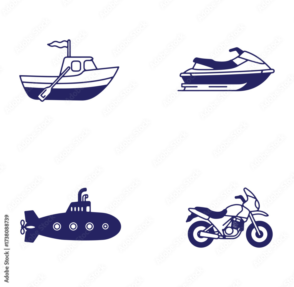 Naklejka premium Vector illustrations of boat jet ski submarine and motorcycle simple outline drawings