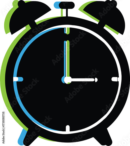 Black silhouette of a vintage twin-bell alarm clock with a black face, featuring a dynamic cyan and lime green color shift or glitch effect on the border, symbolizing time, retro style, urgency.