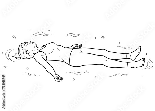 Woman in Corpse Pose, Savasana. The final relaxation asana in yoga for meditation and stress relief. Line art of a person floating peacefully. Wellness vector.

