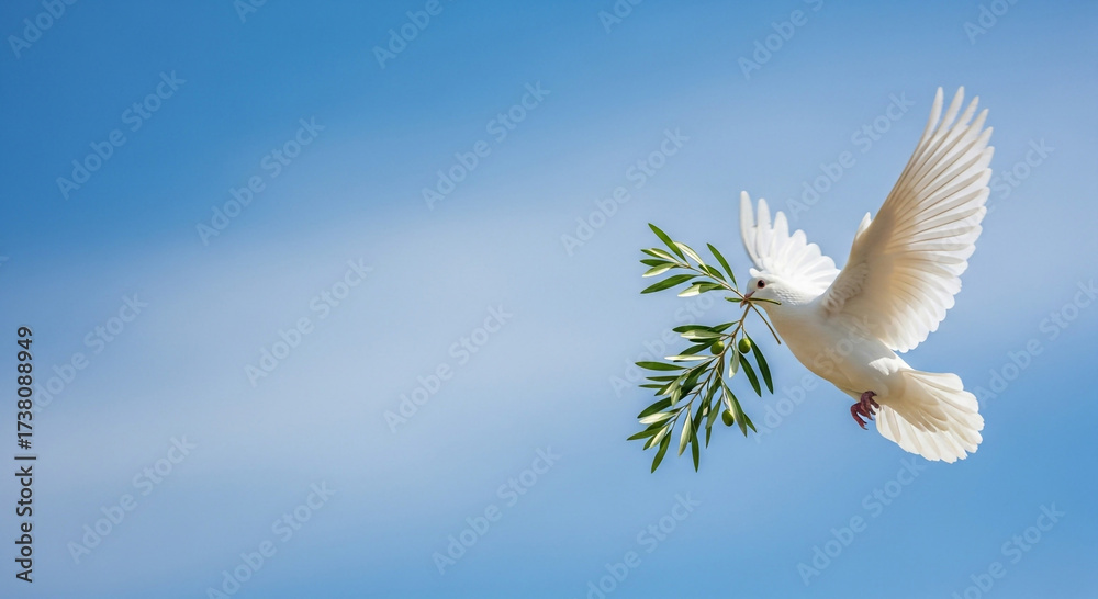 Fototapeta premium A beautiful white dove soaring through a clear blue sky carrying an olive branch in its beak symbolizing peace and hope for a better future