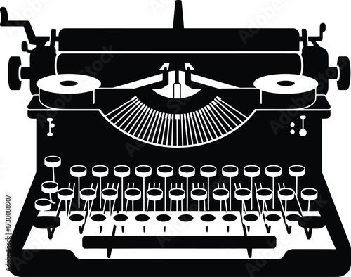 Black and white silhouette of a vintage manual typewriter, detailed with classic keys and mechanics, symbolizing writing, journalism, nostalgia, literature, and the process of creative authorship.