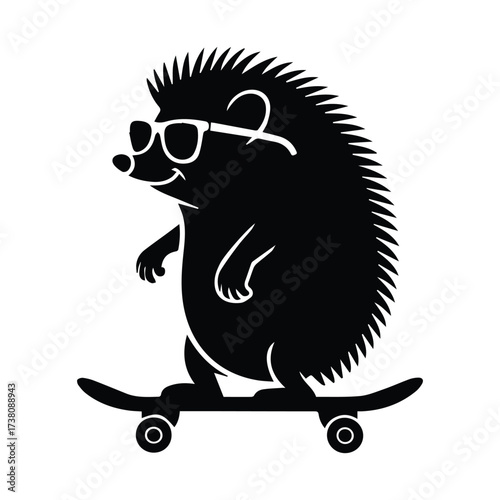 Whimsical silhouette of a cool hedgehog riding a skateboard with sunglasses silhouette