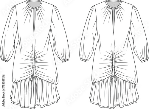 Fashion flat sketch dress design, long sleeve gathered tunic dress, ruched front detail, technical CAD vector, apparel template illustration