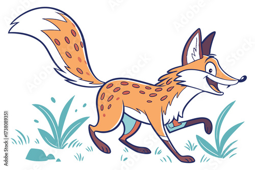 Cartoon Fox Trotting Joyfully on White Background with Teal Grass