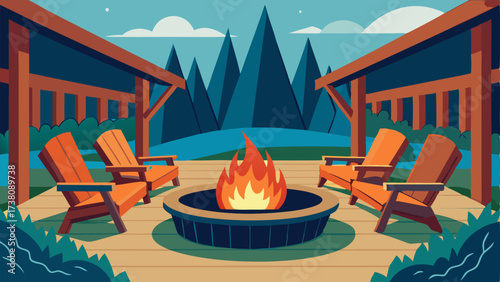 A patio with a contemporary fire pit surrounded by Adirondack chairs made from reclaimed barn wood.
