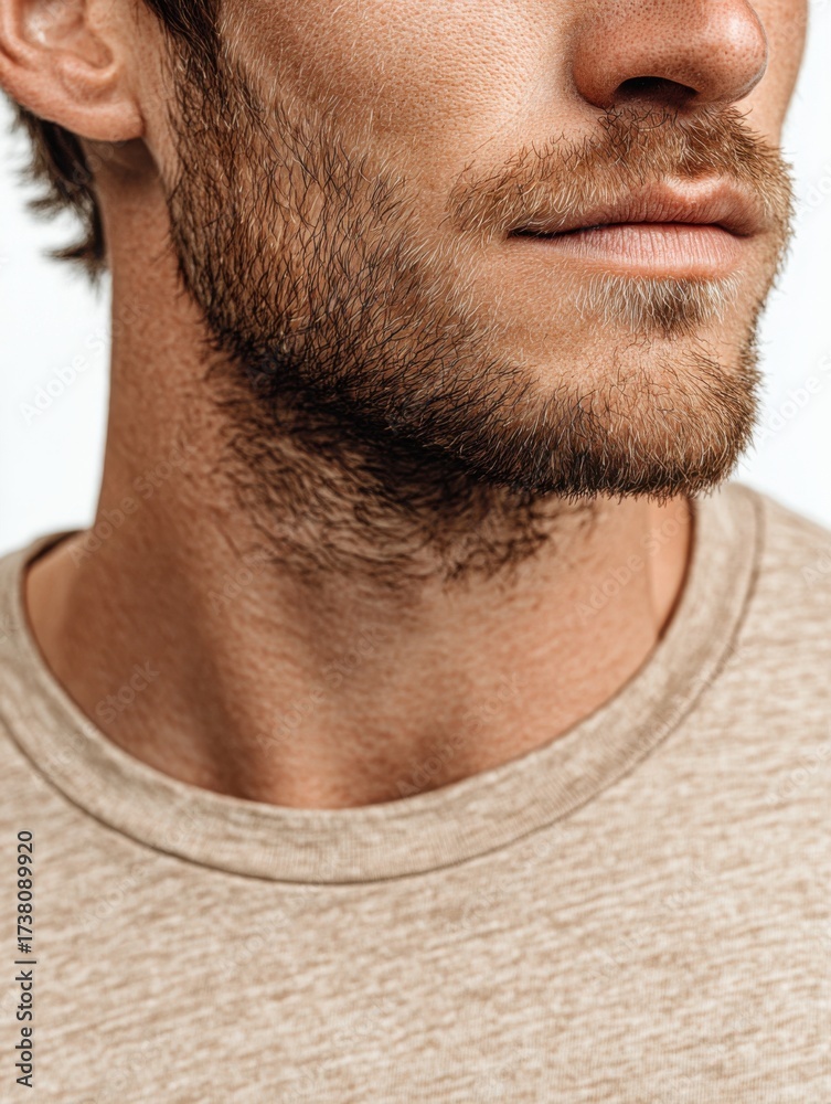 Obraz premium Close-up view of a man with light stubble and a textured shirt showcasing his facial features in a natural setting