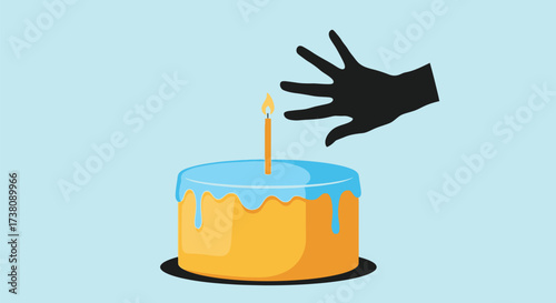 Black silhouette hand reaching for a birthday cake with a single lit candle.