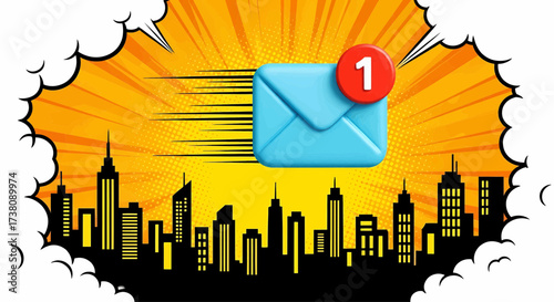 Pop art message icon, email envelope, notification symbol. Communication concept illustration on a comic background