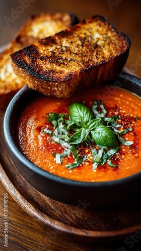 Creamy tomato soup served with crispy garlic bread topped with fresh basil in a cozy dining setting