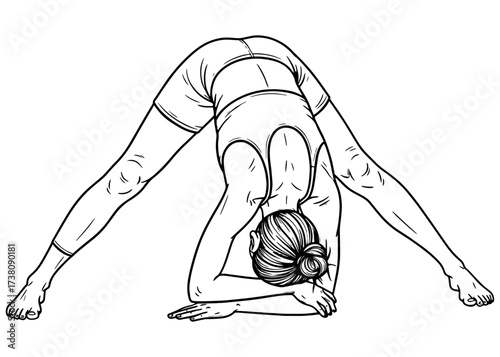 Woman in a deep Wide-Legged Forward Bend with her head on the floor (Prasarita Padottanasana). A yoga inversion for flexibility. Line art sketch.

