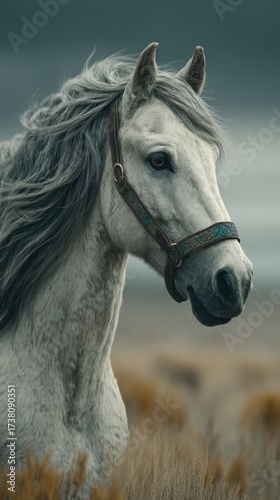 Majestic white horse with flowing mane standing in a serene landscape during a cloudy day